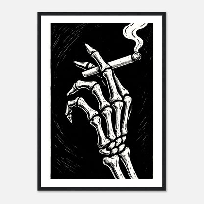 Last Smoke Poster im schwarzen Rahmen – düsteres Kunstwerk mit skelettierter Hand und Zigarette, minimalistische Wandkunst mit dunklem Charme für moderne Interiors – von Defa Designs.