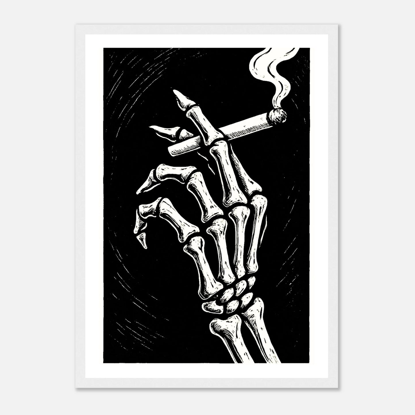 Last Smoke Poster im weißen Rahmen – elegantes Schwarz-Weiß-Motiv mit rauchender Skelett-Hand. Perfekte Wandkunst im modernen Dark-Art-Stil für kreative Wohnräume – von Defa Designs.