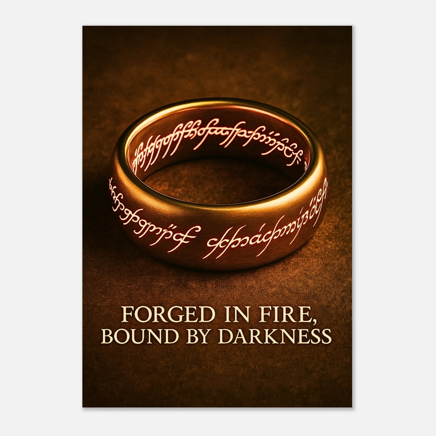 Legendary fantasy ring art poster with ancient Elvish runes and glowing fire, iconic wall decor