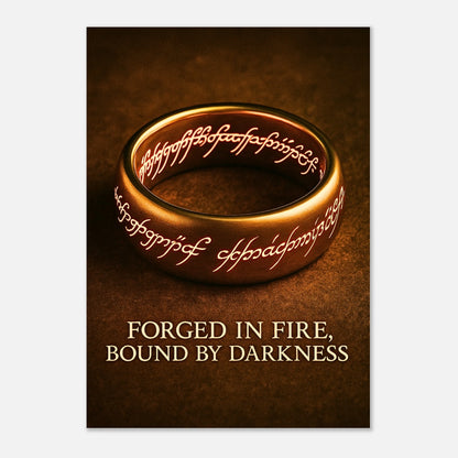Legendary fantasy ring art poster with ancient Elvish runes and glowing fire, iconic wall decor