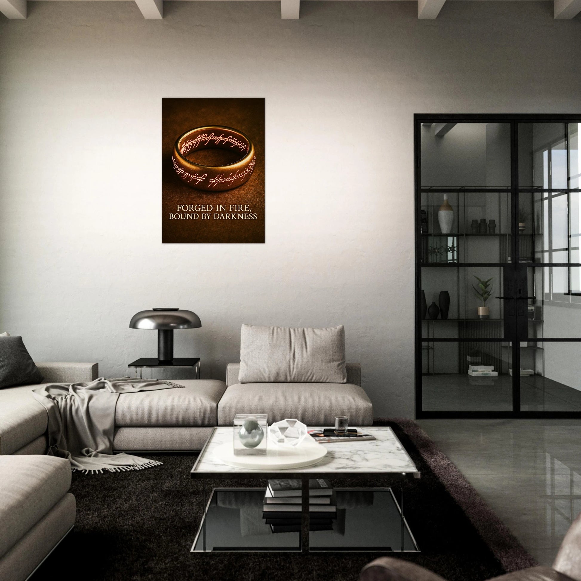 Legendary ring fantasy poster in dark living room, glowing gold with ancient rune details