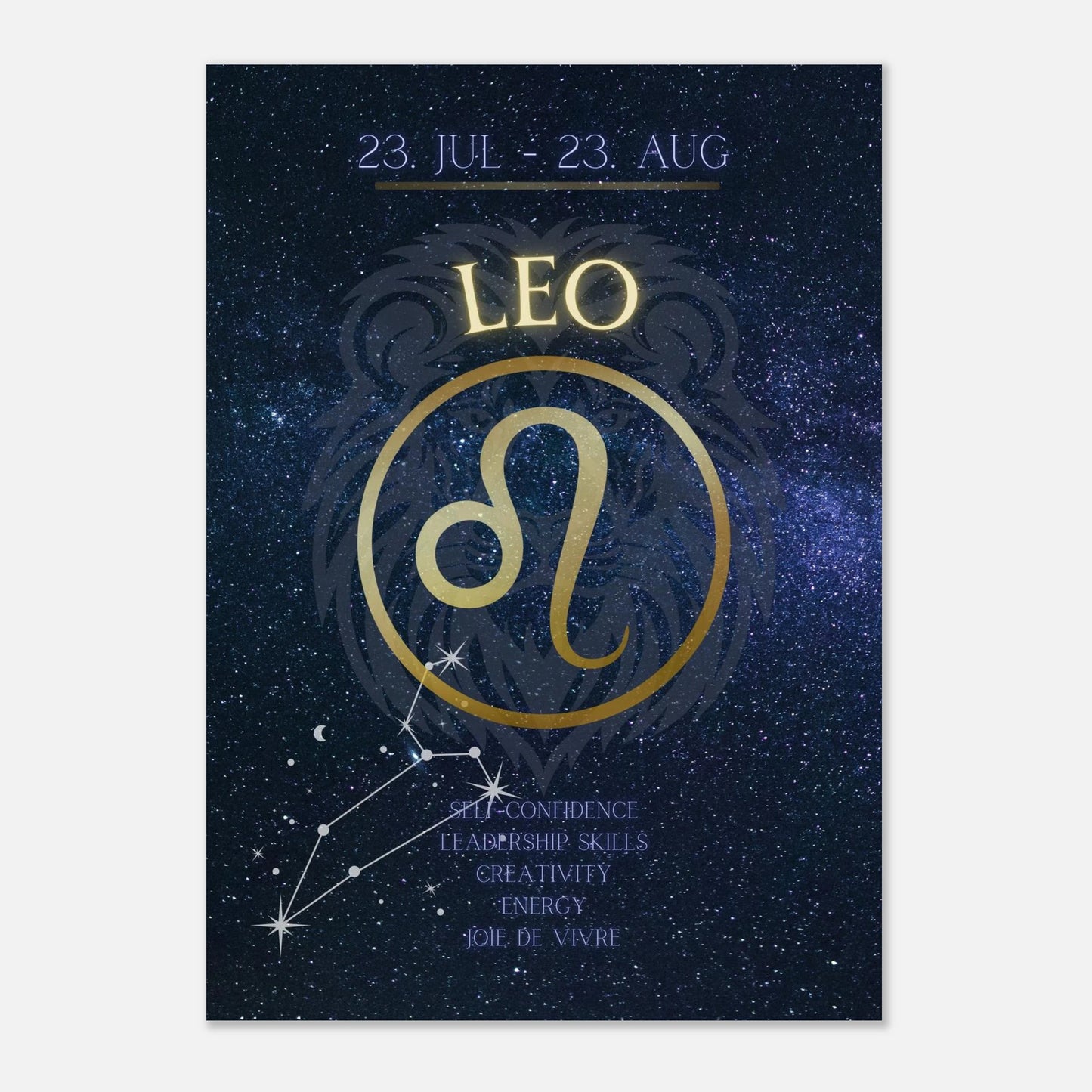 Astrologisches Leo Sternzeichen-Poster – Wandbild mit Sternbild-Konstellation und luxuriösem Design in Blau-Gold