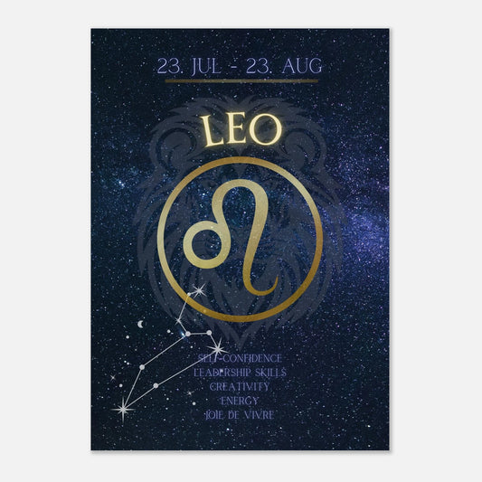 Leo Zodiac Poster – auffälliges Sternzeichen-Wandbild in Dunkelblau und Gold mit Löwe-Symbol, Datum und Charaktereigenschaften