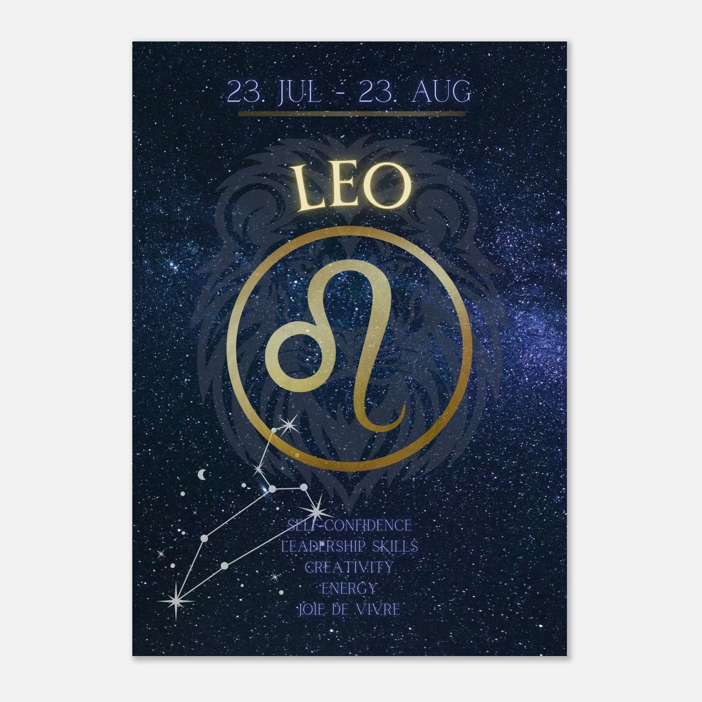 Modernes Leo Sternzeichen Poster – astrologische Wanddeko mit Löwe-Symbol und Sternbild für Feuerzeichen-Geborene
