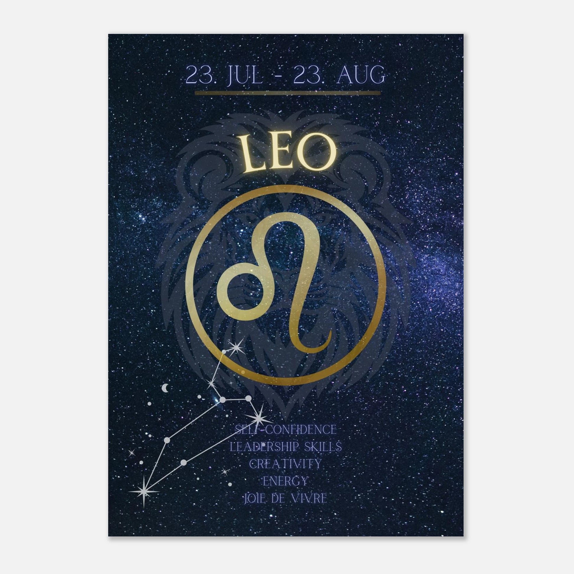 Modernes Leo Sternzeichen Poster – astrologische Wanddeko mit Löwe-Symbol und Sternbild für Feuerzeichen-Geborene