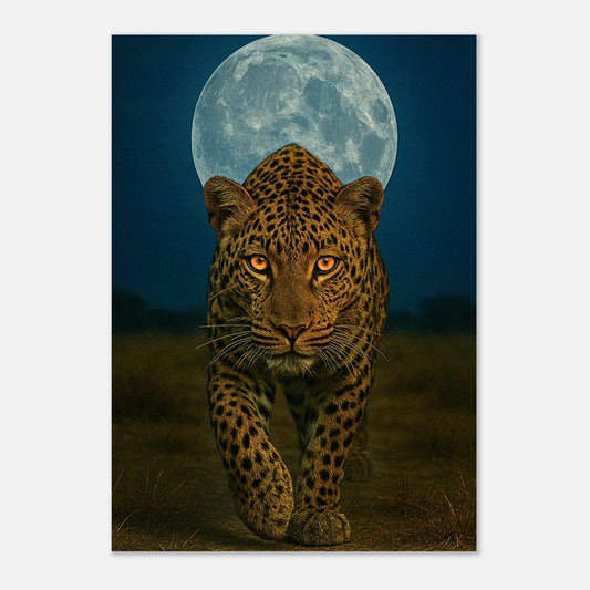 Powerful leopard wall art with full moon – high-quality animal poster print