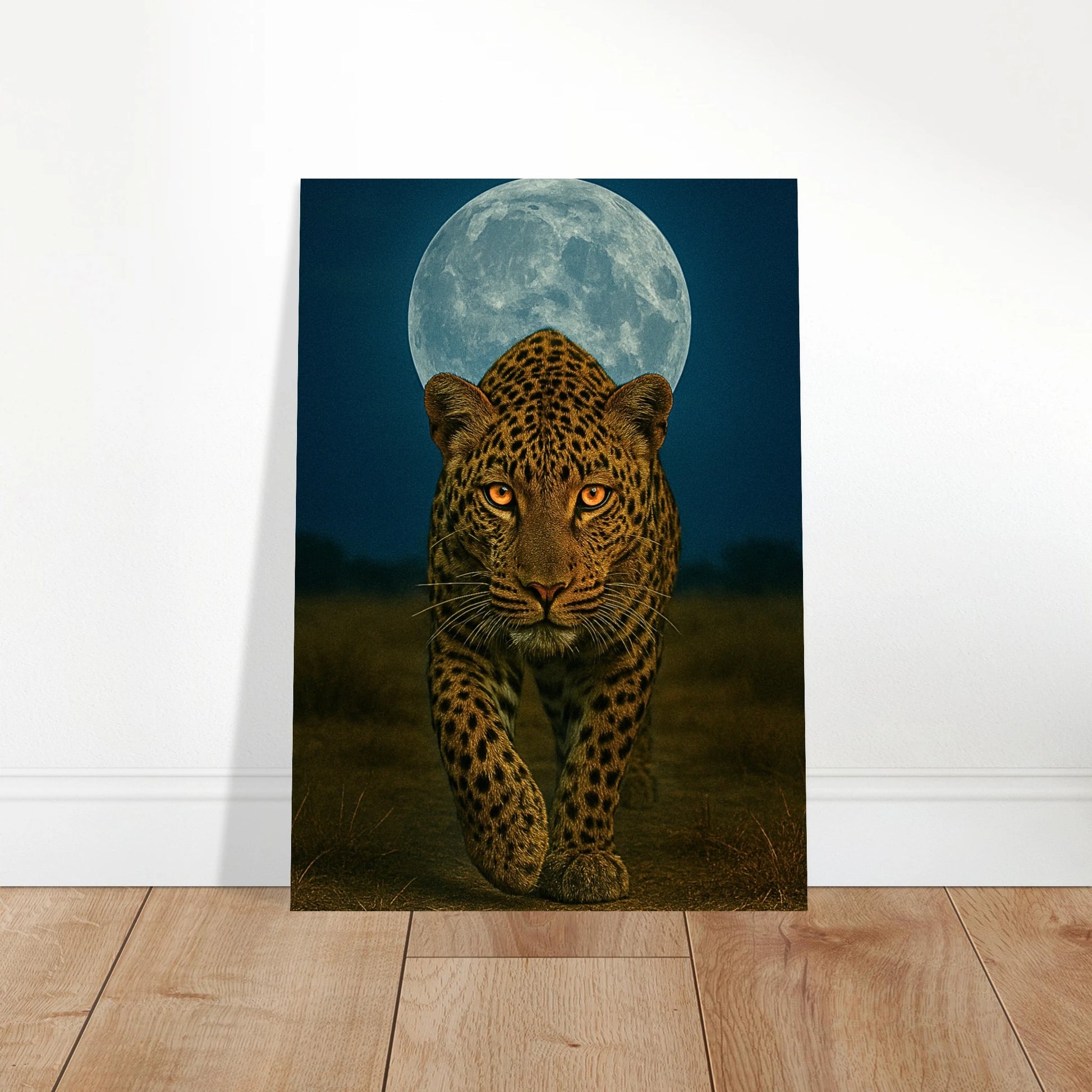 Leopard wall art in modern living room – premium poster with full moon