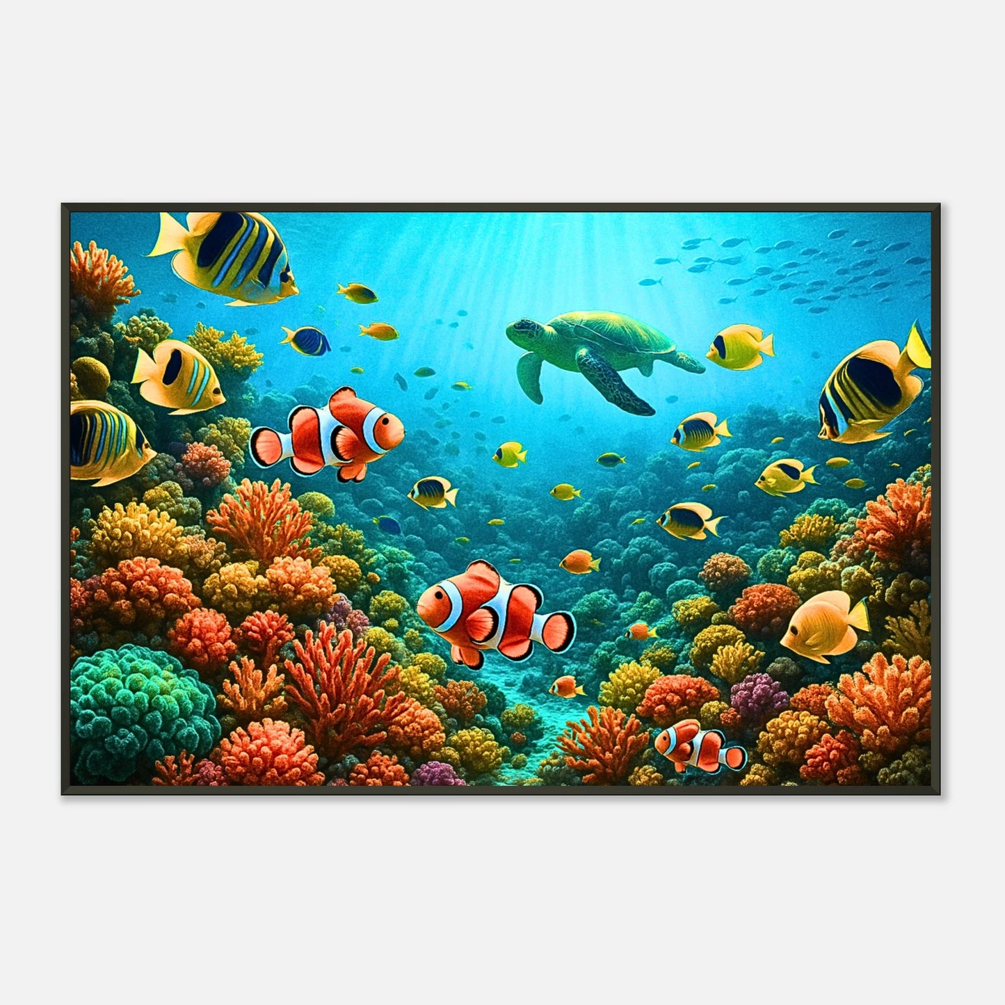 Detailaufnahme des Life Beneath the Waves Posters – leuchtende Korallen, bunte Clownfische und tropische Farben für maritime Wohnakzente.