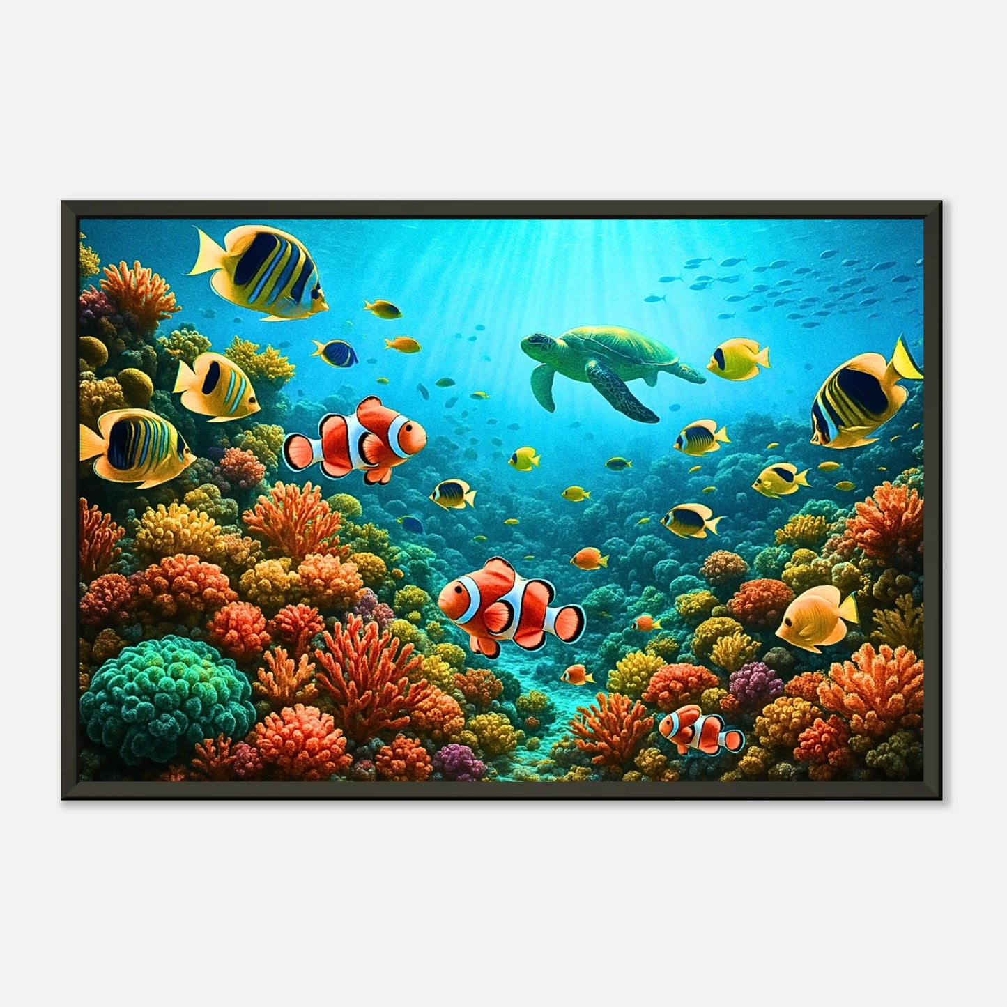 Life Beneath the Waves Poster in schräger Ansicht – realistisches Meeresbild mit Lichtstrahlen und Bewegung, hochwertiger schwarzer Metallrahmen.