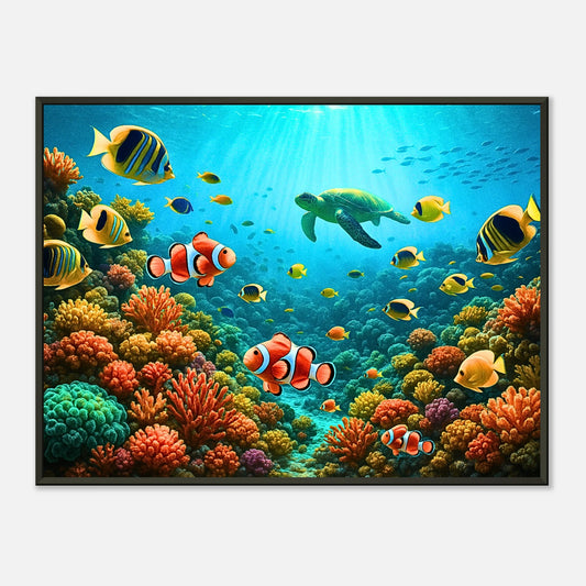Life Beneath the Waves Poster – farbenfrohes Unterwasserbild mit Meeresschildkröte, Fischen und Korallen im schwarzen Metallrahmen von Defa Designs.