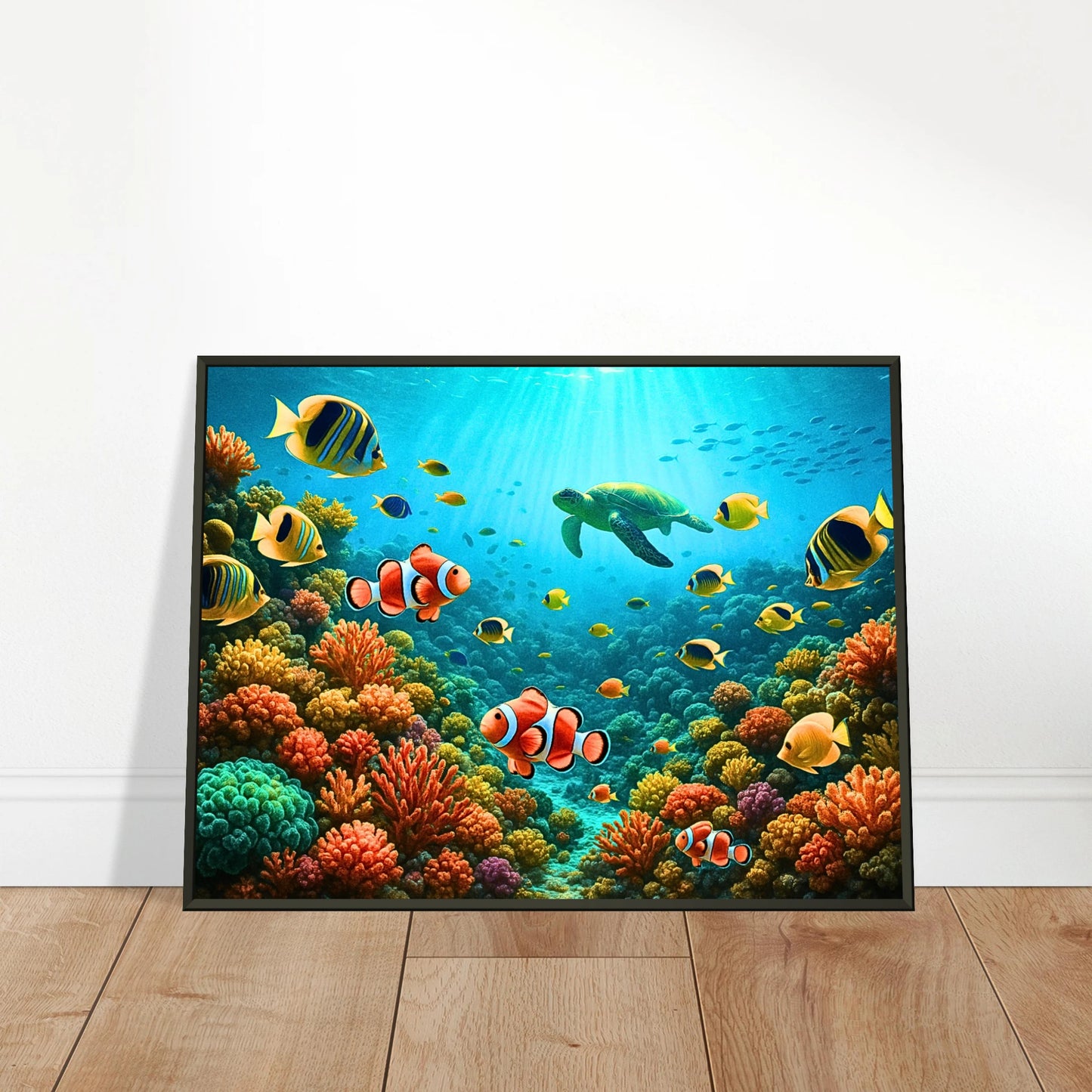 Life Beneath the Waves Poster an die Wand gelehnt – maritimes Kunstwerk mit Meeresschildkröte und tropischen Fischen, dekorativ auf Holzboden platziert.
