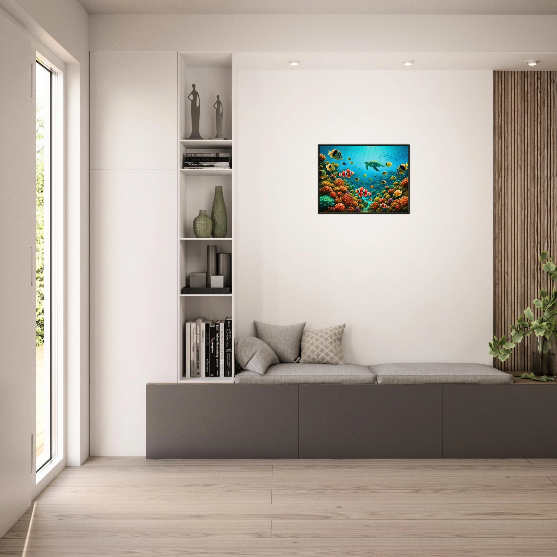 Life Beneath the Waves Poster im hellen Wohnzimmer – stilvolle Meeresdeko mit tropischem Unterwasser-Motiv und beruhigenden Blautönen.