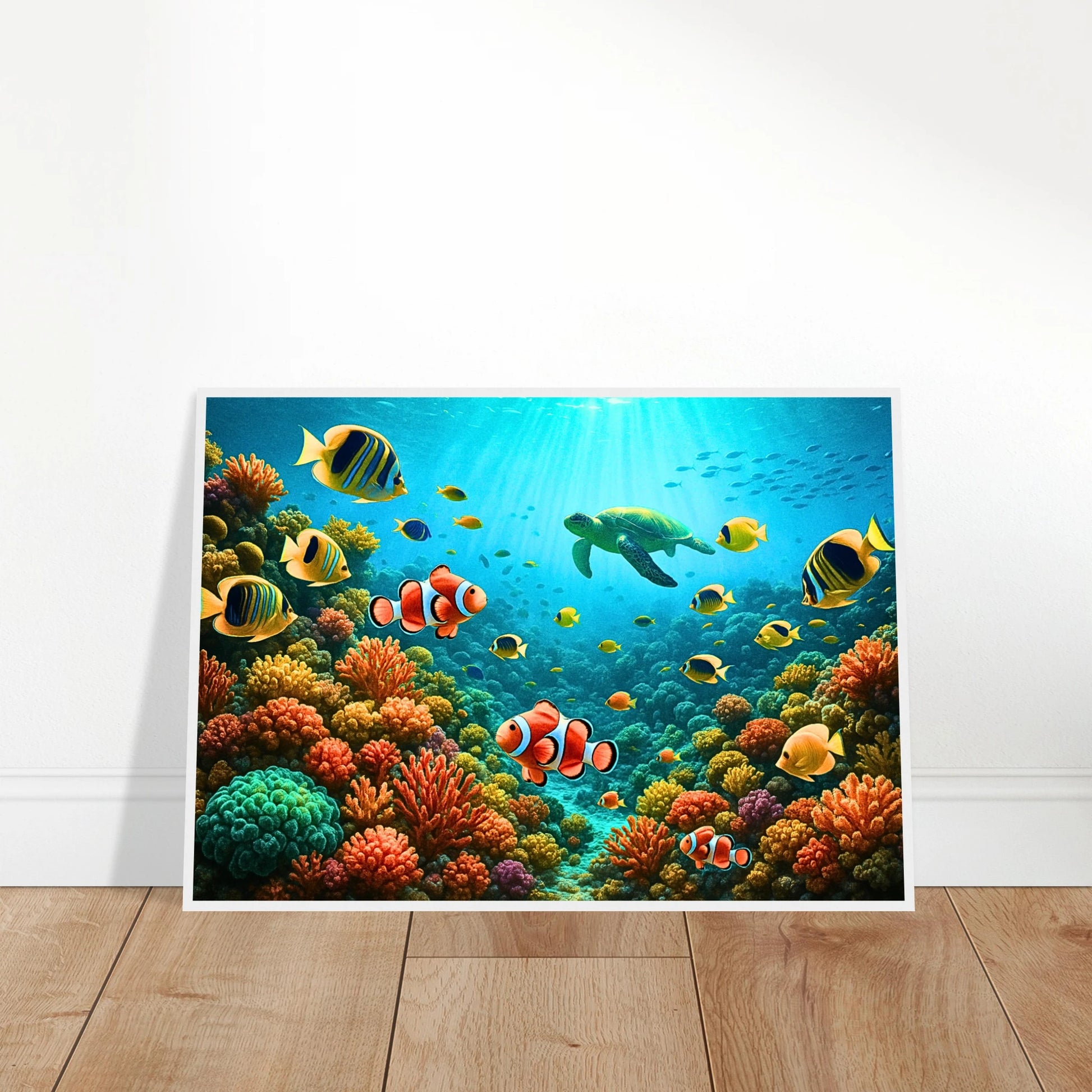 Life Beneath the Waves Poster – farbenfrohes Meeresmotiv angelehnt an Wand, moderne Raumgestaltung