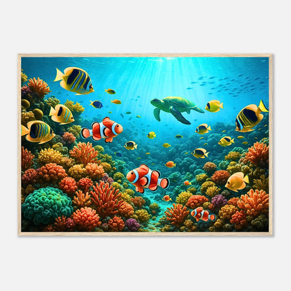 Life Beneath the Waves Poster mit hellbraunem Holzrahmen – tropisches Unterwasserbild für Wohnzimmer