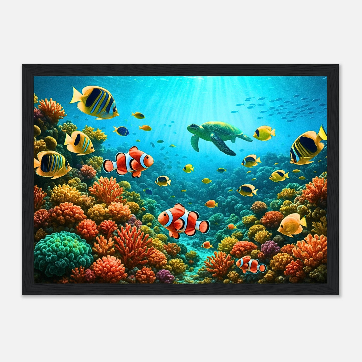 Life Beneath the Waves Poster mit schwarzem Holzrahmen – stilvolles Ozean Poster mit Meeresbewohnern
