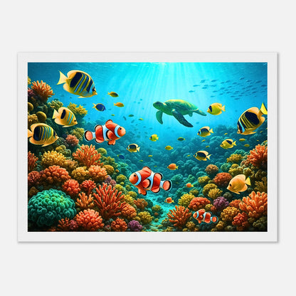 Life Beneath the Waves Poster mit weißem Holzrahmen – farbenfrohes Unterwasserbild mit Fischen und Korallen