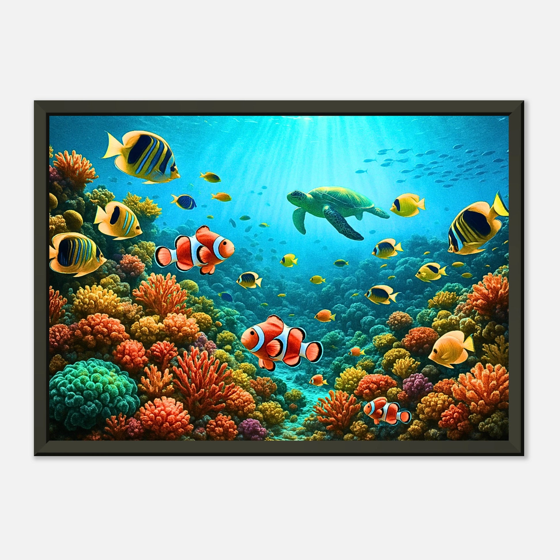 Seitenansicht des Life Beneath the Waves Posters – tropische Fische und Korallenriffe im detailreichen Ozeanmotiv, eingefasst in elegantem schwarzen Rahmen.