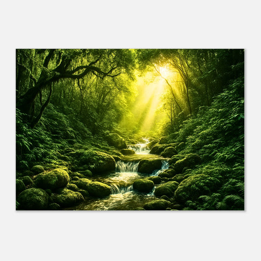 "Light in the Jungle poster – nature wall art print with jungle stream and sunlight"