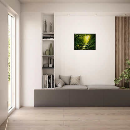 Light in the Jungle Poster im hellen Wohnzimmer – stilvolles Dschungel-Wandbild mit schwarzem Rahmen, bringt Frische und Natürlichkeit in moderne Einrichtung.