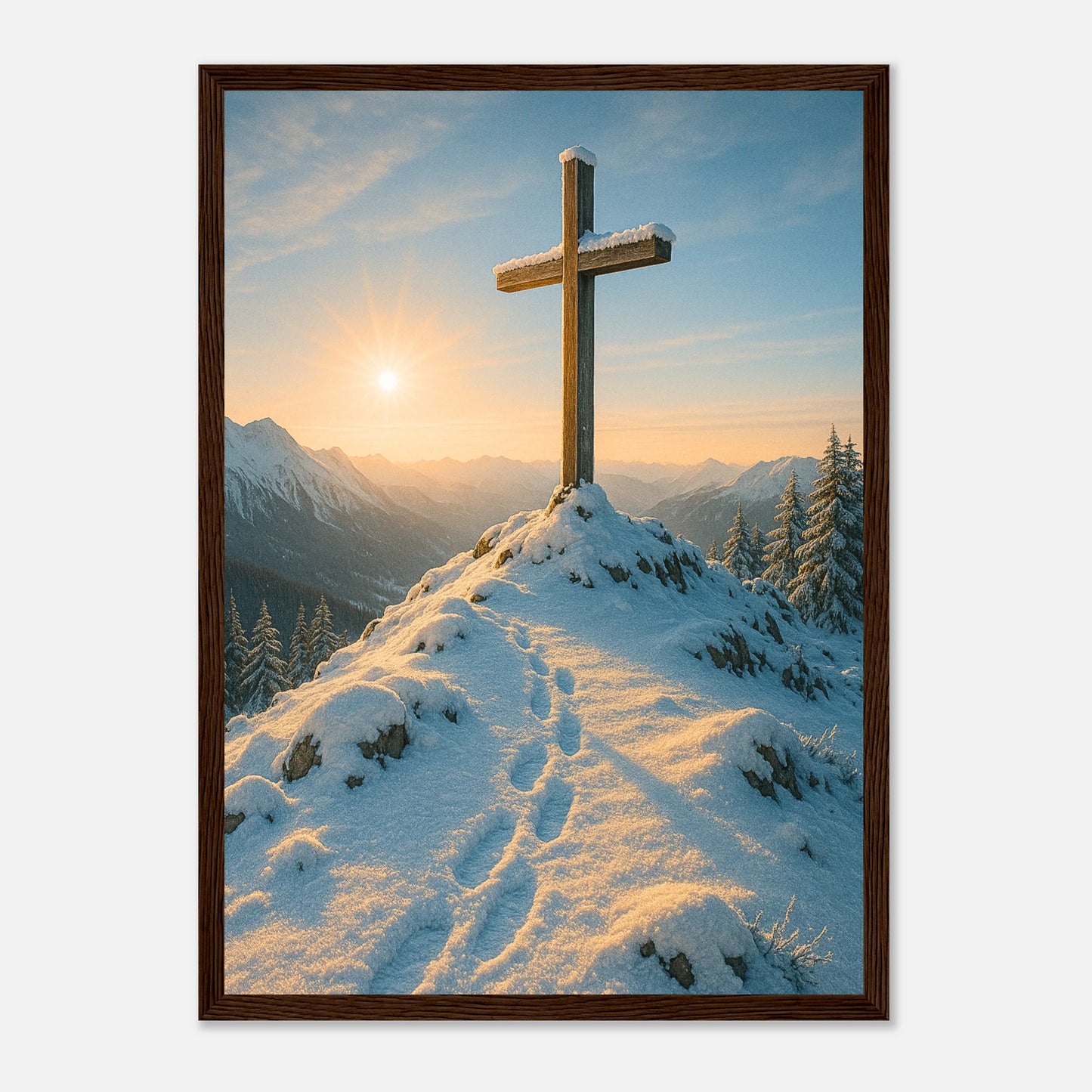Light Over the Peaks Poster im dunkelbraunen Holzrahmen – Winterlandschaft mit Kreuz und Sonnenaufgang, christliches Wandbild