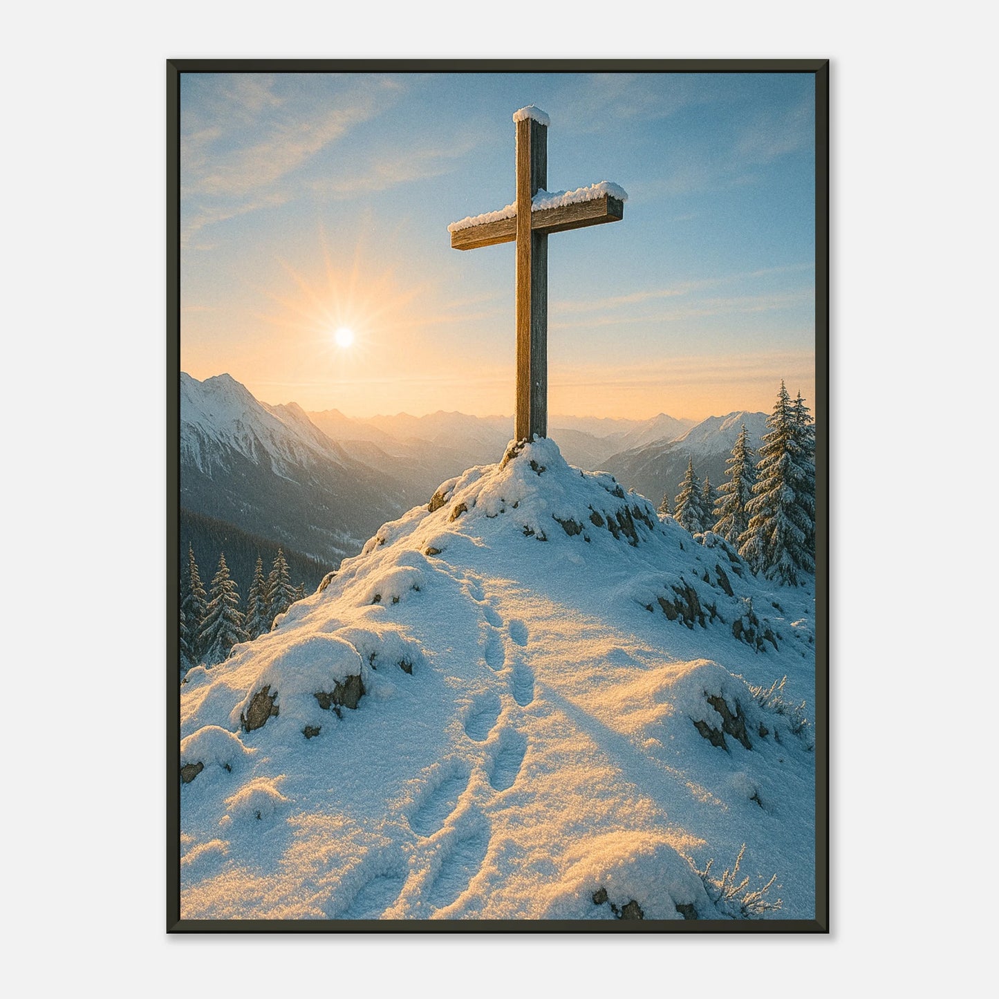 Light Over the Peaks Poster im schwarzen Metallrahmen – Kreuz auf schneebedecktem Berggipfel bei Sonnenaufgang, spirituelles Alpen-Wandbild von Defa Designs.