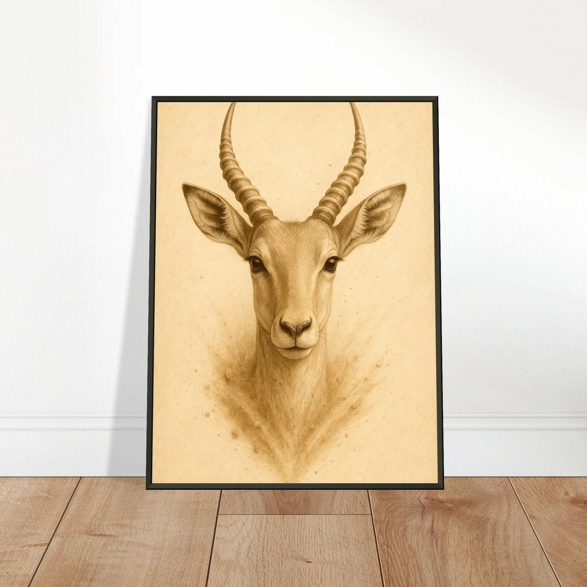 Linear Wild Poster mit Antilopenmotiv, angelehnt an Wand auf heller Holzfläche – moderne minimalistische Tierkunst mit warmer Farbwirkung.
