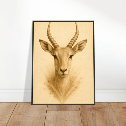 Linear Wild Poster mit Antilopenmotiv, angelehnt an Wand auf heller Holzfläche – moderne minimalistische Tierkunst mit warmer Farbwirkung.