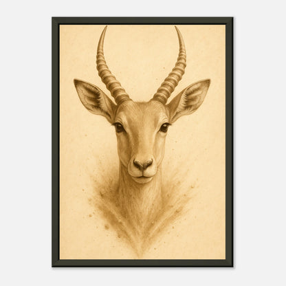 Schrägansicht des Linear Wild Posters – stilvolle Antilope als zentrales Motiv, künstlerisch reduziert im schwarzen Metallrahmen von Defa Designs.
