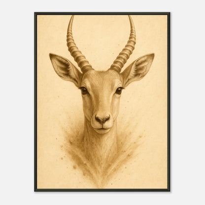 Linear Wild – minimalistisches Antilopen-Poster mit klaren Linien und natürlicher Eleganz im schwarzen Metallrahmen – moderne Tierkunst von Defa Designs.