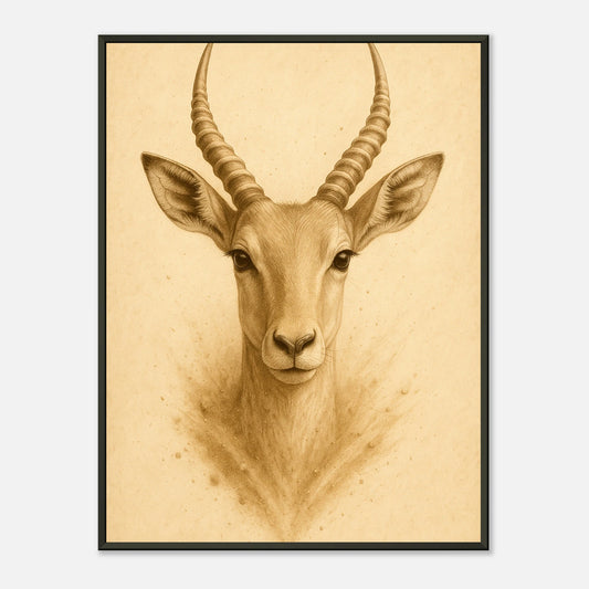 Linear Wild – minimalistisches Antilopen-Poster mit klaren Linien und natürlicher Eleganz im schwarzen Metallrahmen – moderne Tierkunst von Defa Designs.