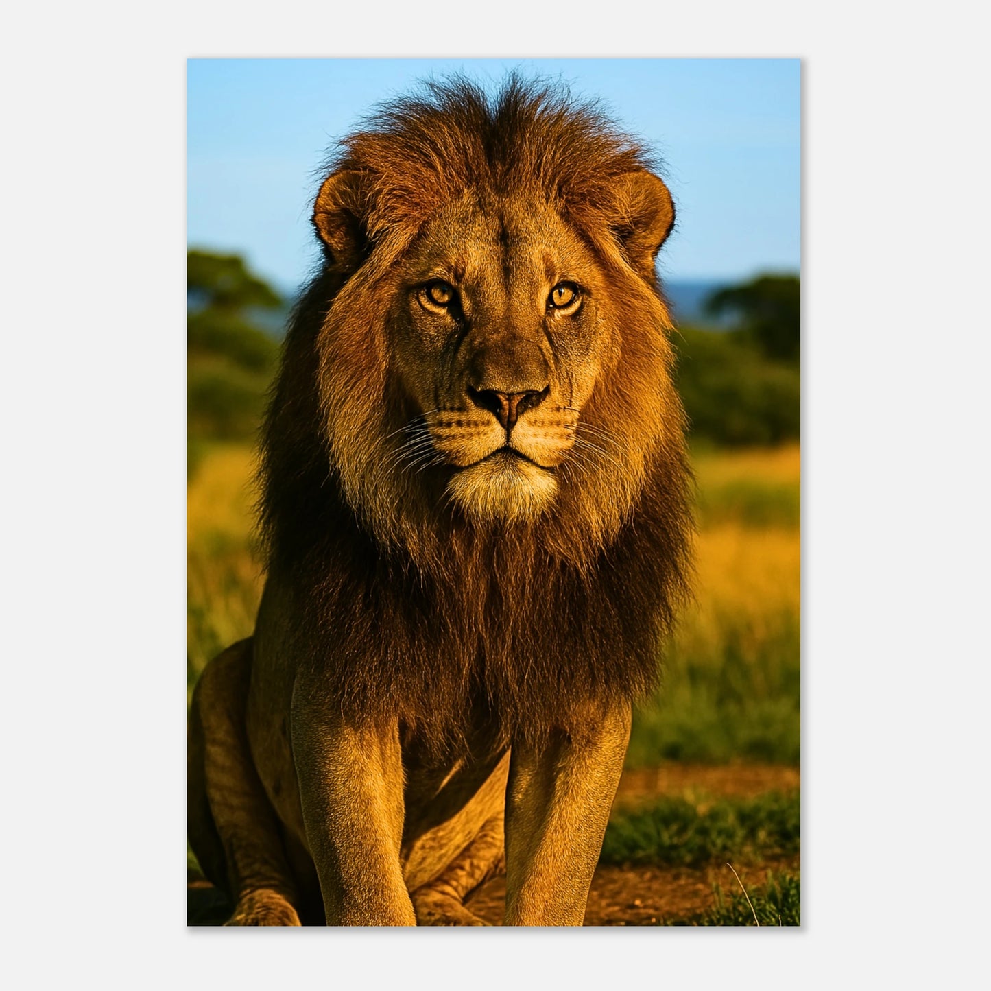 Nahaufnahme des Golden Majesty Posters – starker Löwe im warmen Savannenlicht