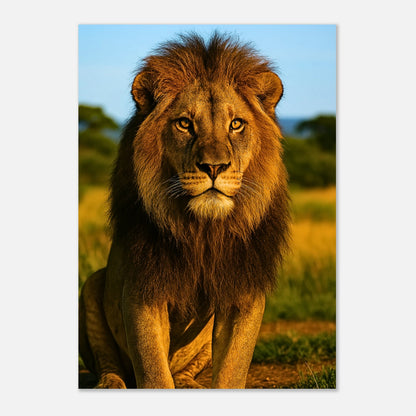 Nahaufnahme des Golden Majesty Posters – starker Löwe im warmen Savannenlicht