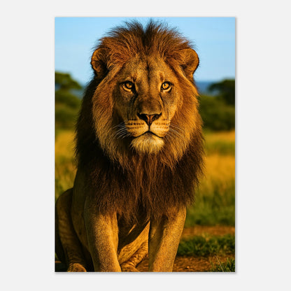 Golden Majesty Poster – majestätischer Löwe auf hellem Holzuntergrund präsentiert