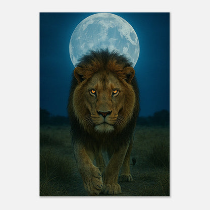 Wild Nights Poster – Löwe unter Vollmond auf hellem Holzuntergrund präsentiert