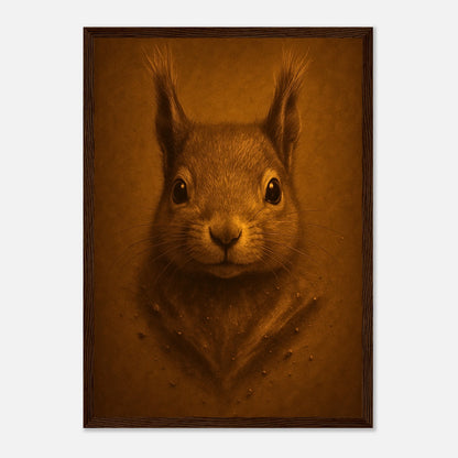 Little Guardian Eichhörnchen Poster mit dunkelbraunem Holzrahmen – stilvolle Naturkunst für Wohnzimmer und Büro.
