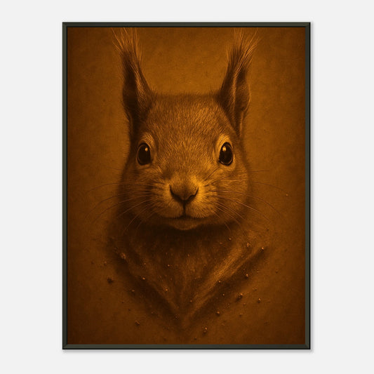 Little Guardian Poster – charmantes Eichhörnchen-Porträt im schwarzen Metallrahmen, naturverbundene Tierkunst | DEFA Designs Wandbild