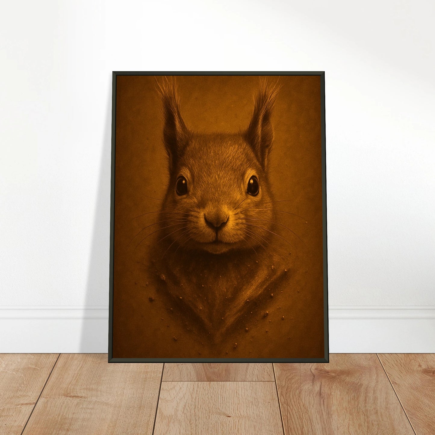 Little Guardian Poster an die Wand gelehnt – warmes Eichhörnchen-Bild im schwarzen Metallrahmen, stilvolle Präsentation | DEFA Designs