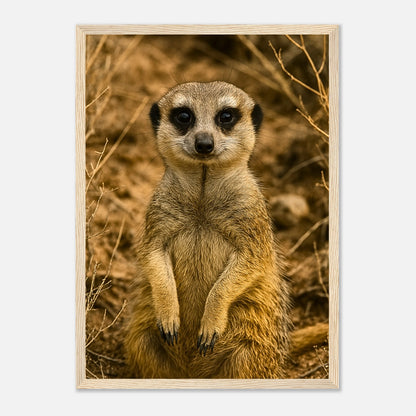 Erdmännchen Poster „Little Lookout“ mit hellbraunem Holzrahmen – süßes Tiermotiv als Wandkunst.
