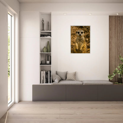Erdmännchen Poster „Little Lookout“ im hellen Wohnzimmer – warme Tierkunst Wandgestaltung.