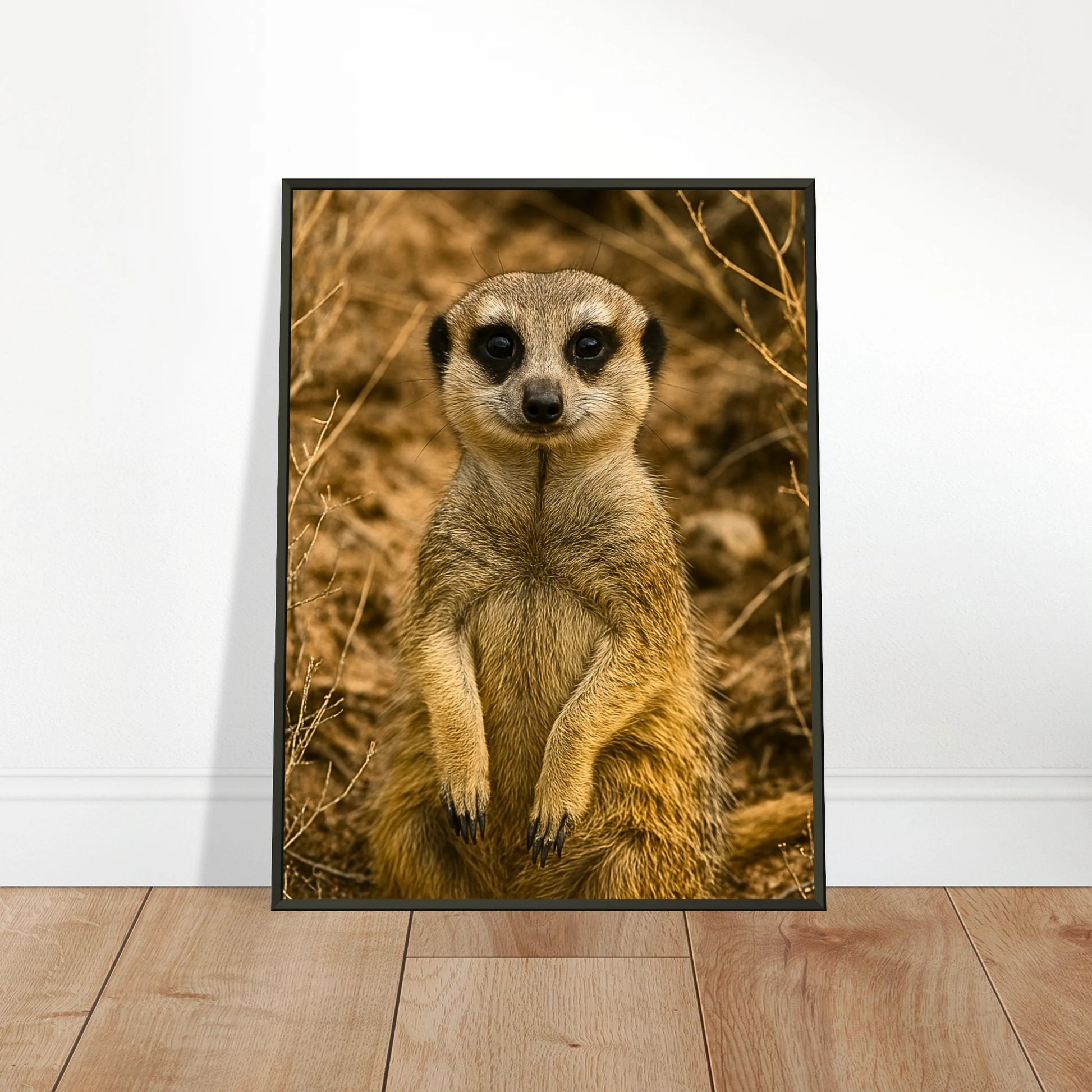 Little Lookout Poster, angelehnt an eine helle Wand auf Holzoberfläche – stilvolle Tierkunst im schwarzen Metallrahmen.