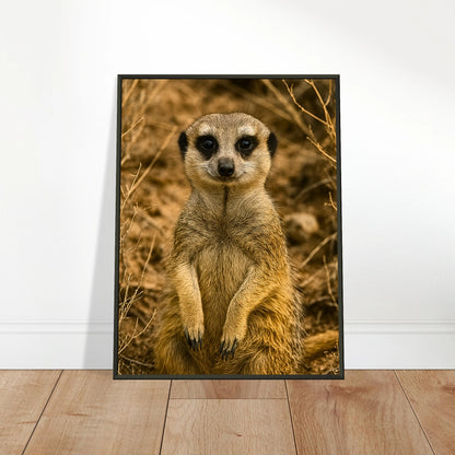 Little Lookout Poster, angelehnt an eine helle Wand auf Holzoberfläche – stilvolle Tierkunst im schwarzen Metallrahmen.