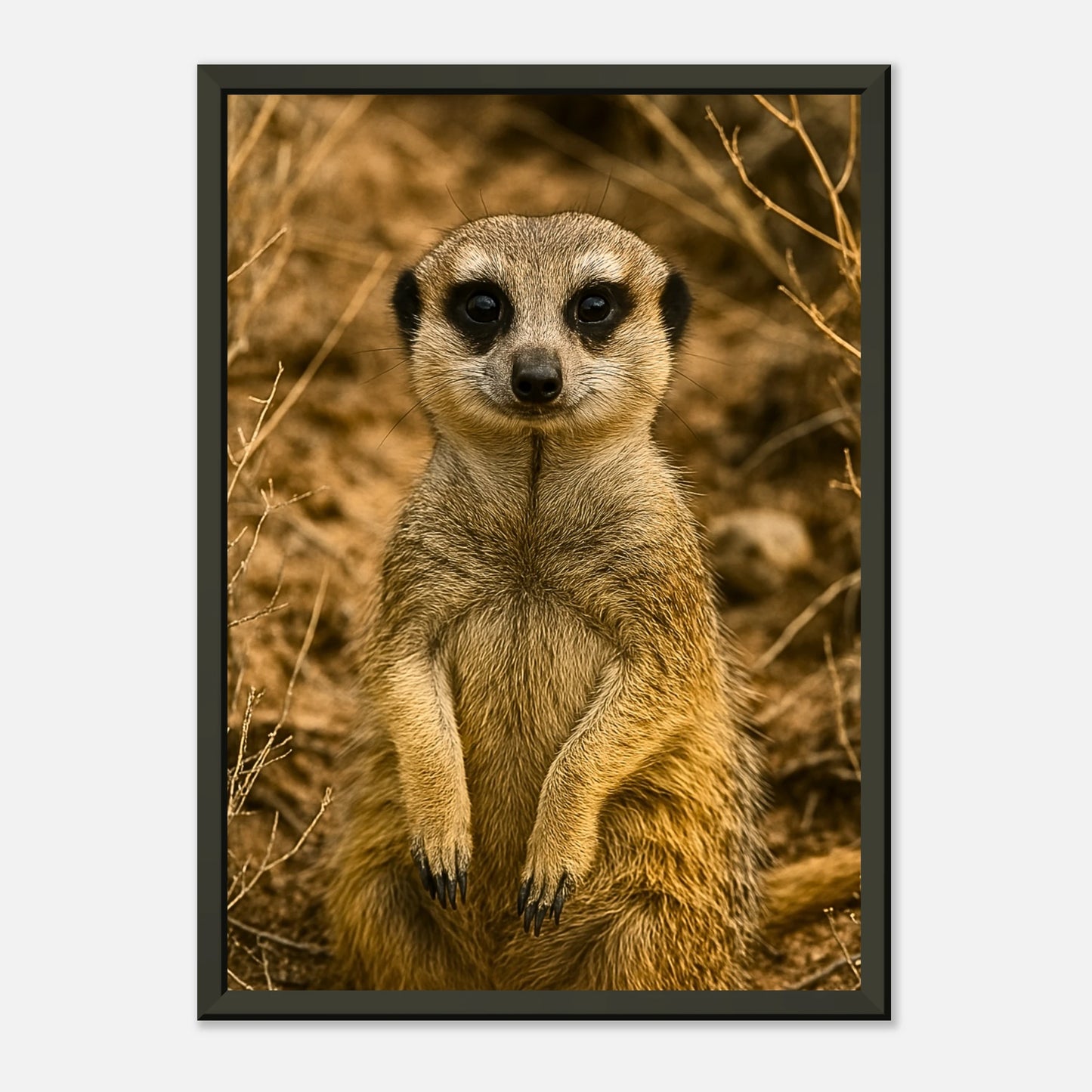 Schrägansicht des Little Lookout Posters – charmantes Erdmännchenmotiv mit realistischer Tiefe, hochwertig gerahmt in Schwarz.