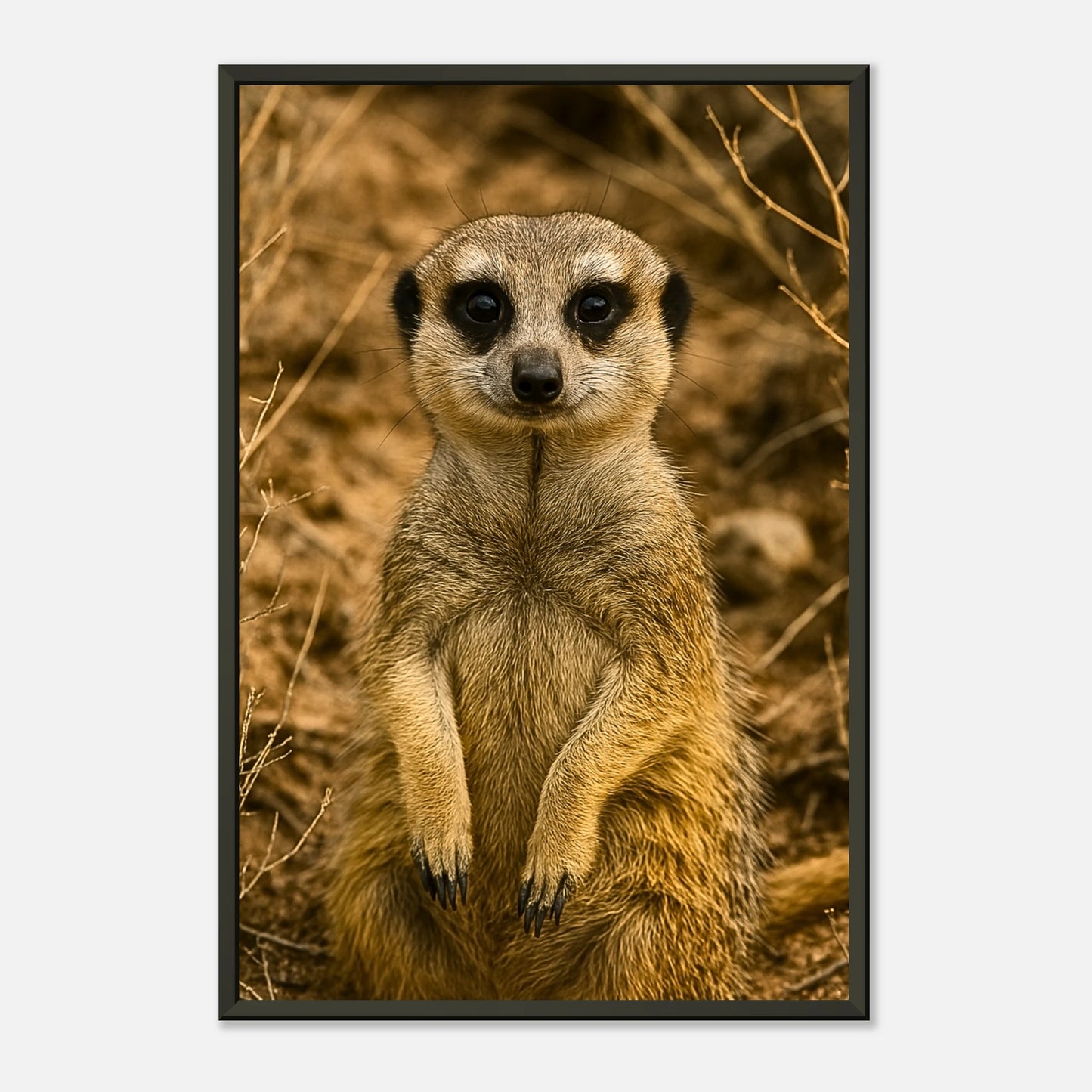 Seitliche Ansicht des Little Lookout Posters mit Erdmännchenmotiv, naturgetreue Farben und edler schwarzer Metallrahmen – moderne Tierkunst.