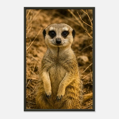 Seitliche Ansicht des Little Lookout Posters mit Erdmännchenmotiv, naturgetreue Farben und edler schwarzer Metallrahmen – moderne Tierkunst.