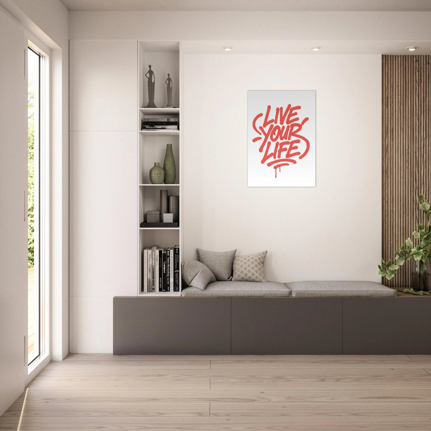 Live Your Life red poster – bold graffiti wall art in bright modern living room interior