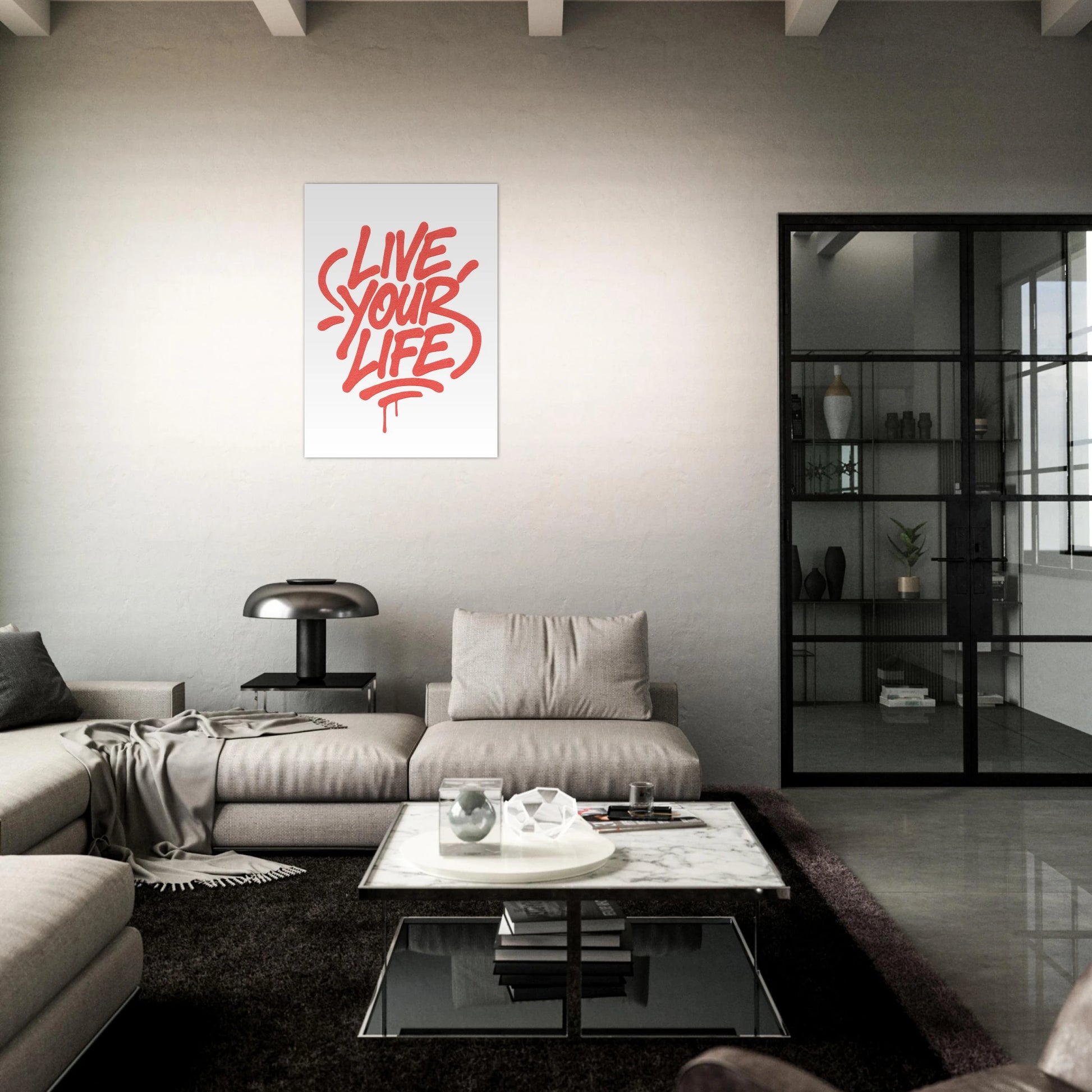 Live Your Life red poster – motivational graffiti wall art in stylish modern living room
