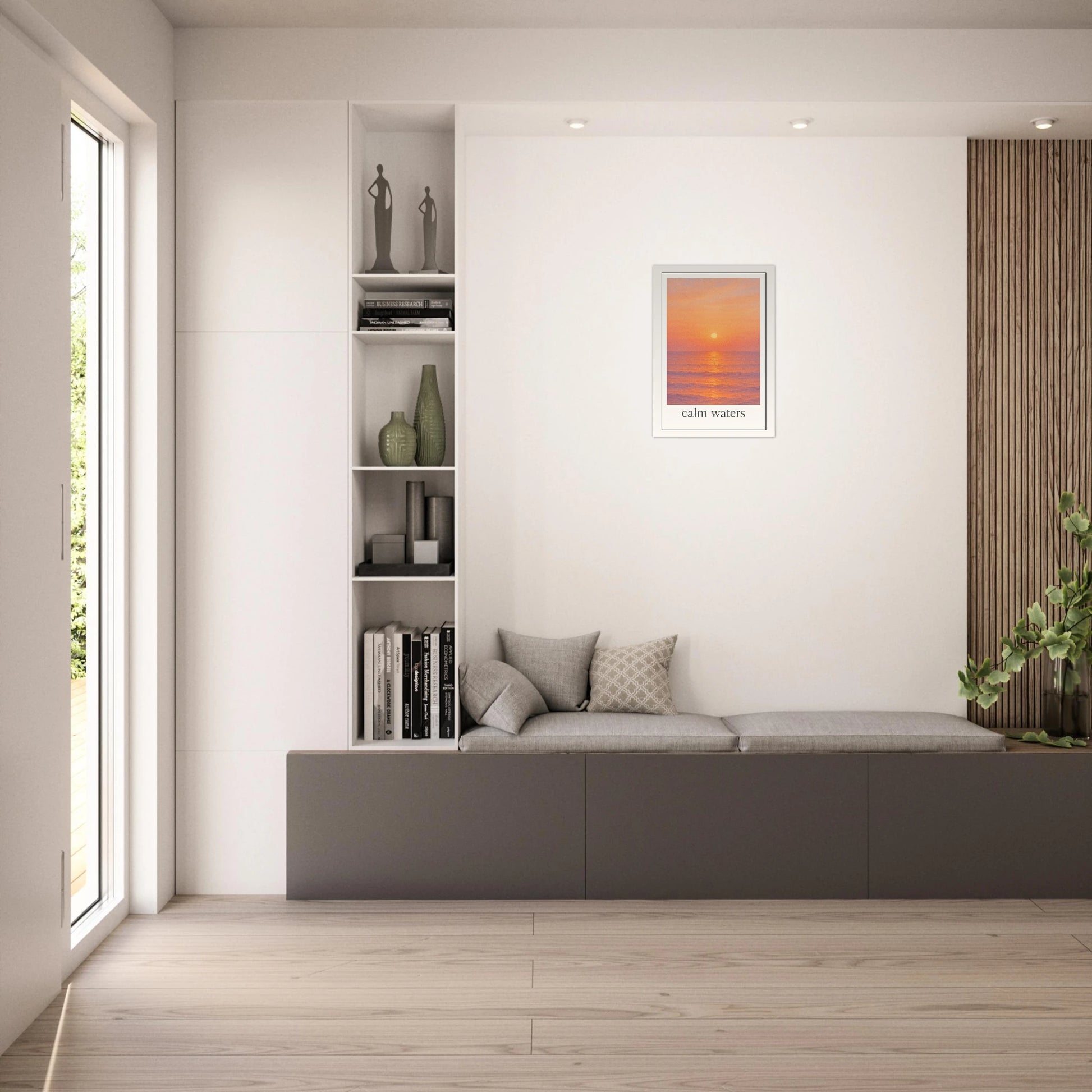 „Framed Calm Waters poster in modern living room – sunset ocean wall art for serene coastal interior“