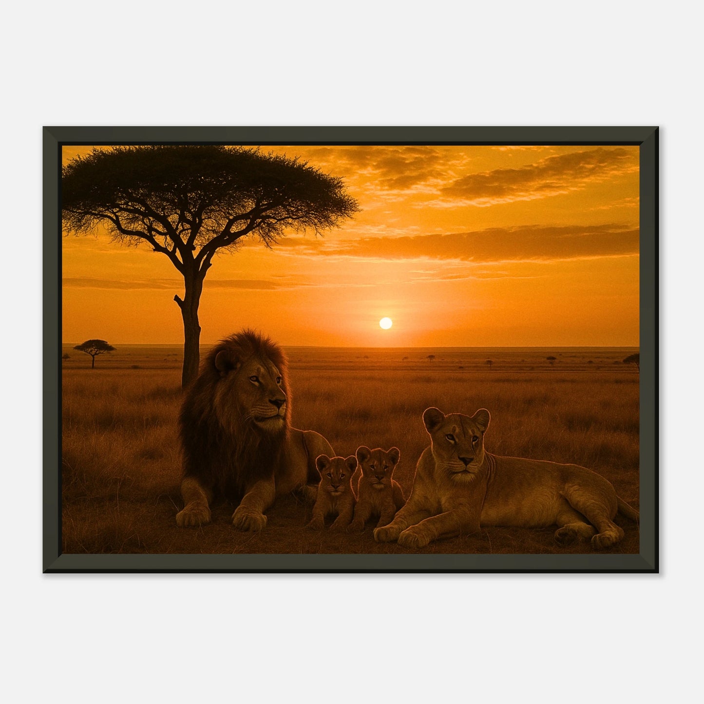 Nahaufnahme des Savannah Legacy Posters – Löwenfamilie im Sonnenuntergang, afrikanische Tierkunst im schwarzen Metallrahmen | DEFA Designs