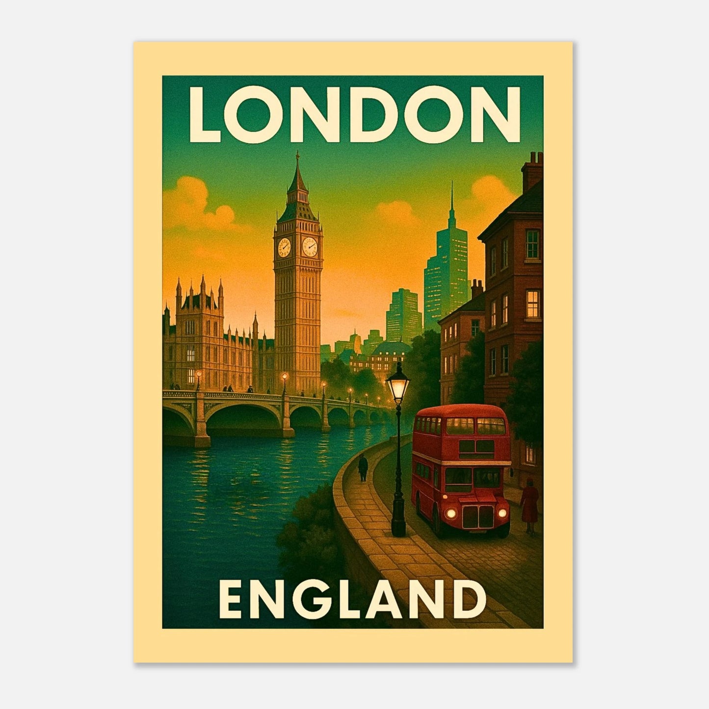London England Wandbild – stilvolle Wohnzimmer Wanddeko im Retro Poster Design, Big Ben und rote Busse