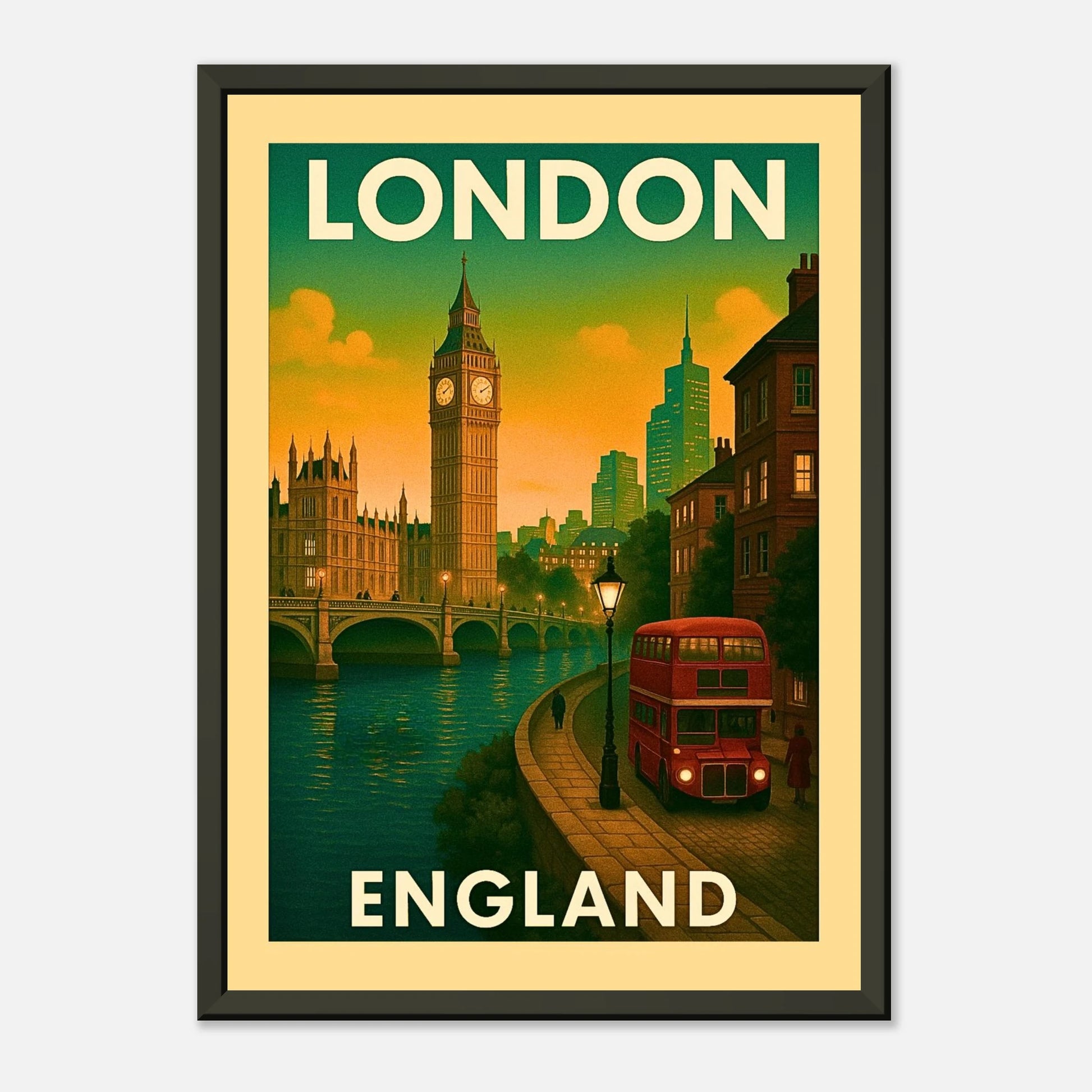 London England travel poster in black metal frame featuring Big Ben skyline, red buses and warm sunset tones